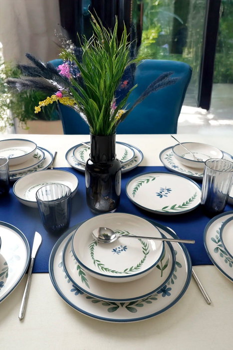 Hermia Juego de cena de 18 piezas en cerámica blanco, azul y verde Hermia Juego de cena de 18 piezas en cerámica blanco, azul y verde